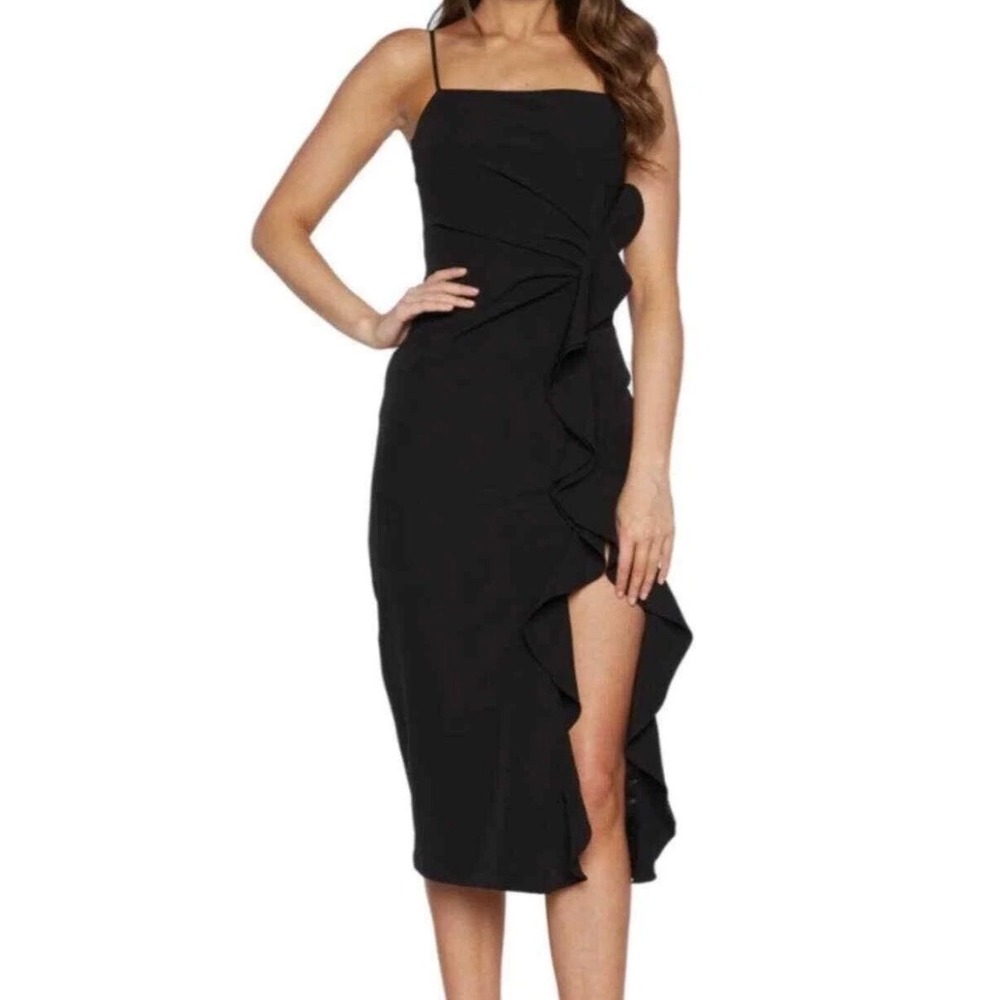 Likely Rona Ruffle Midi Dress Square Neck Black‎ Cocktail Dress 4/XS